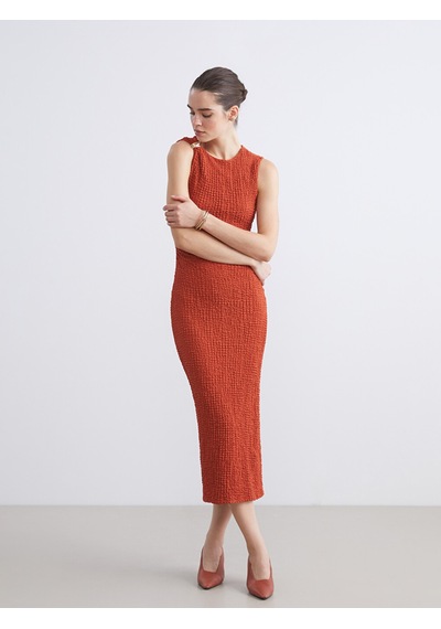 Lcw Vision Turuncu Bisiklet Yaka Büzgülü Bodycon Elbise