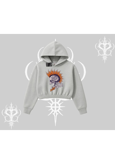 Kapşonlu Crop Sweatshirt Burning Skull Rebel Street Anthem Gri