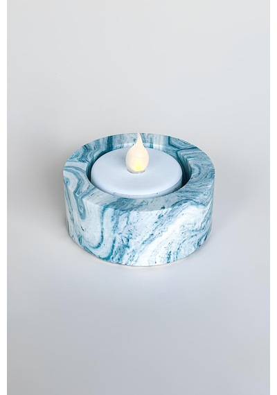El Yapımı Mermer Desenli Mavi Beton Tealight Mumluk Minimal Dekoratif Şamdan 3 Adet Mavi