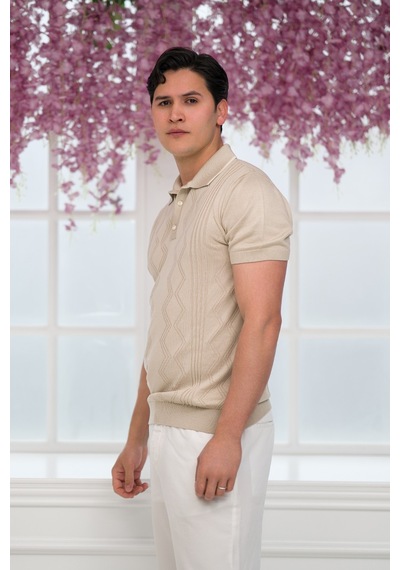 Advante Slimfit Kolları Lastikli Likralı Desenli Polo Yaka Triko T-shirt Krem
