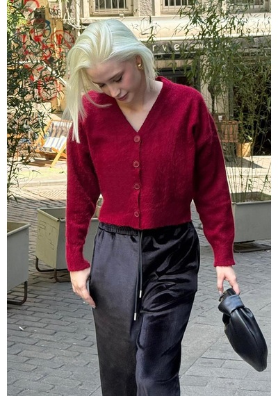 Bordo V Yaka Kadın Triko Hırka Mg2462 Bordo