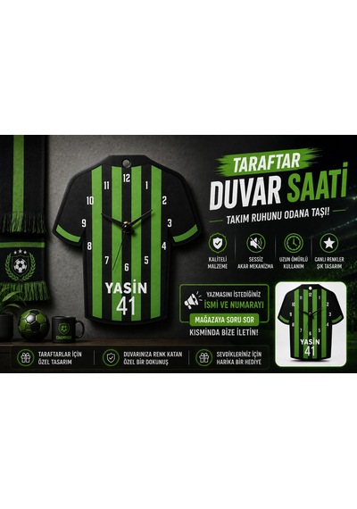 İsimli Taraftar Duvar Saati , Kişiye Özel - Hediyelik İsimli Yeşil Siyah Forma Duvar Saati