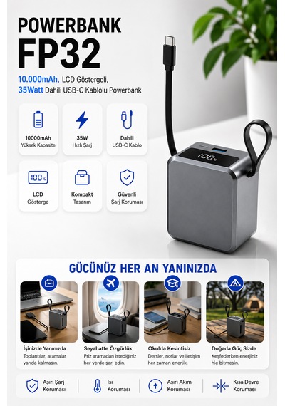 10000mah 35w Hızlı Şarj Powerbank Lcd Ekran 1x Usb + 1x Type-c Type-c Kablolu Çıkışlı Açık Gri