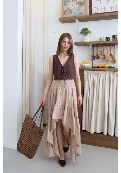 Neşeli Butik Kadın Müslin Kumaş Asimetrik Etek Nbnp011 Bej