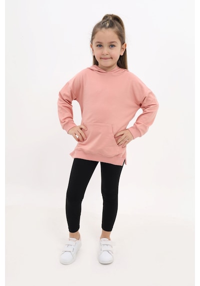 Toontoy Kids Toontoy Kız Çocuk 2'li Takım Baskılı Kapüşonlu Düşük Omuz Cepli Yırtmaçlı Sweatshirt & Basic Düz Tayt Mercan