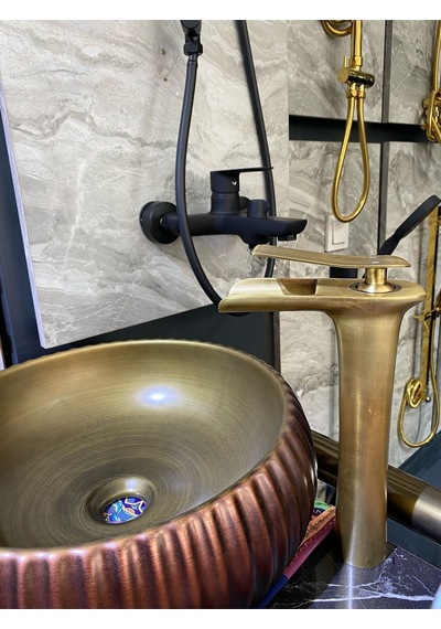 İsaoğlu Yapı Antik Gold Ocean Şelale Çanak Lavabo Bataryası Mat Gold Çanak Lavabo Bataryası Altın Lavabo Musluğu Gold