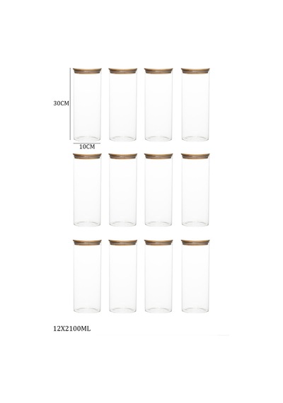 Porsima 4-4 Bambu Vakumlu Kapaklı Yuvarlak Cam 12li Kavanoz Seti Saklama Kabı 2100ml 10x30cm