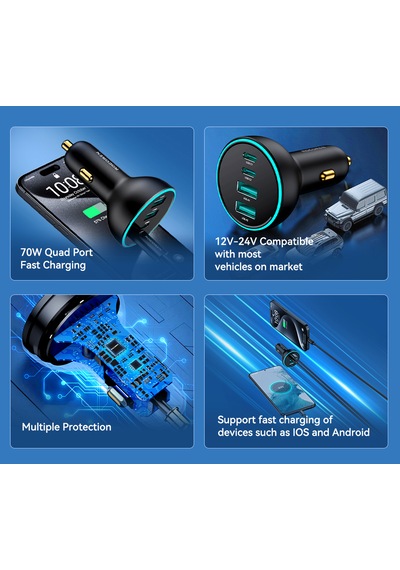 70w Type-c Ve Usb Giriş 4 Portlu Araç Şarjı Ce Lisanslı Pd Hızlı