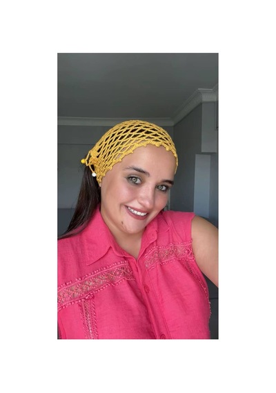 El Örgüsü Hardal Saç Filesi - Boncuklu Bohem Bandana Çok Renkli