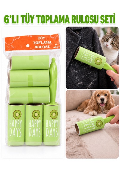 6 Lı Tüy Toplama Rulosu Seti, Saplı Yapışkanlı Kedi Köpek Tüyü Ve Toz Temizleme Rulosu, Yeşil Renk
