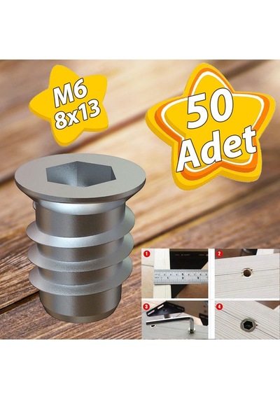 50 Adet Metal Düz Dişli Dübel Ahşap Dübeli M6 8x13 Diş Çinko Mobilya Bağlantı Ünite Birleştirme