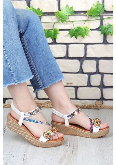 Vojo Daisy Rahat Taban Taş Boncuk Detaylı Kadın Sandalet 267800001858 05 Beyaz Beyaz