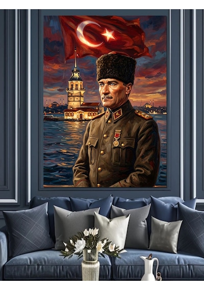 Türk Bayrağı Ve Üniformalı Atatürk Dekoratif Kanvas - Mdf Ahşap Tablo