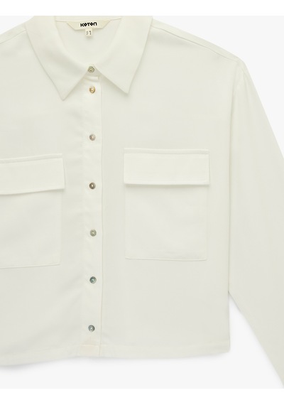 Koton Regular Fit Uzun Kollu Kapaklı Cep Detaylı Saten Crop Gömlek Beyaz 6sak60113pw