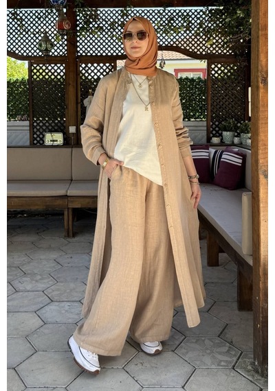 Rabia Şamlı Derin Keten Takım Bej Normal