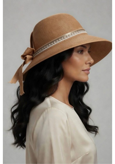 Mollycrush Kadın Camel Kurdele Detaylı Hasır Güneş Şapkası L Günlük Ve Plaj Kullanımına Uygun Cloche Model Kahverengi