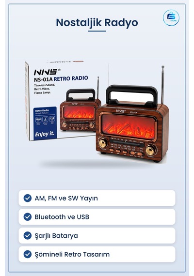Nostaljik Radyo Şömineli Retro Hoparlör Bluetooth Am Fm Sw Usb Ty