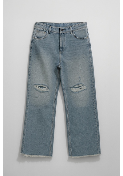 Kadın Yüksek Bel Wide Leg Dizi Yırtık Buz Mavi Jean Pantolon Mavi