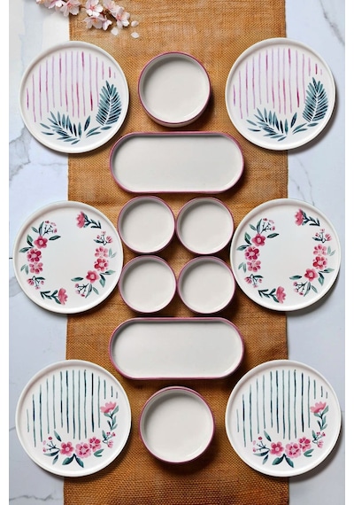 Kitchen Life 14 Parça - 6 Kişilik Sakura Stackable -  Kahvaltı Takımı  Lüx Kahvaltılık Sunum Seti Tabağı Pembe