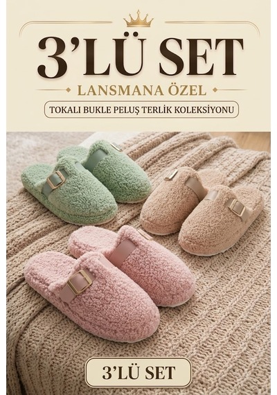 Stwenn 3 Lü Avantajlı Paket Kışlık Peluş Desenli Sessiz Ortopedik Taban Çeyiz Misafir Ev Terliği Set 3 Lü Snow