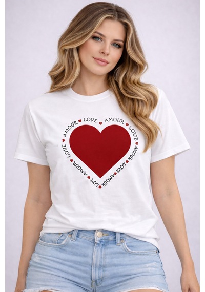 Herkesemoda Amour Love Baskı Detaylı Basic T-shirt Beyaz