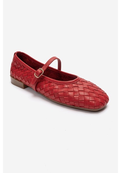 Luvishoes Yevora Kırmızı Örgü Hakiki Deri Bantlı Kadın Babet Ayakkabı