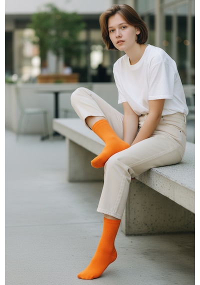 Socks Stores 6 Çift Unisex Renkli Pamuklu Soket Çorap - Renkli Tenis Boy Çorap Turuncu