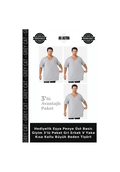 Grey Cat Hediyelik Eşya Penye Üst Basic Giyim 3'lü Paket Gri Erkek V Yaka Kısa Kollu Büyük Beden Tişört Gri-3