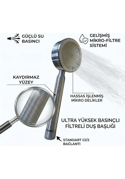 Paslanmaz İnox El Duş Başlığı, Yüksek Basınçlı, Mikro Filtre Sistemli, Kaydırmaz Yüzey