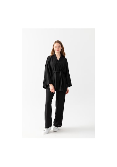 Zen Elegance Kadın Kimono Takım - Geniş Paça Keten Dokulu Alt Üst Yazlık Kadın Takım Siyah Zen Elegance Kadın Kimono Takım - Geniş Paça Keten Dokulu Alt Üst Yazlık Kadın Takım Siyah
