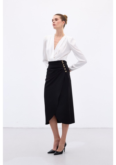 Sateen Düğme Detaylı Kalem Etek - Siyah-136776 Siyah