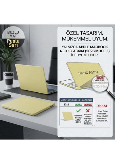 Apple Macbook Neo 13" İnç Uyumlu Kılıf A3404 2026 Mat Buzlu Koruyucu Sert Kapak Puslu Sarı Belirtilmemiş