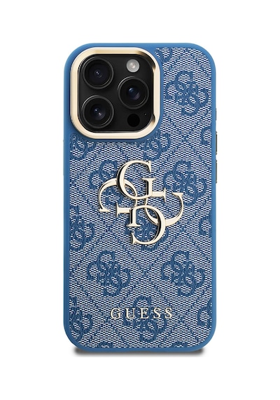 Apple Uyumlu iPhone 15 Pro Max Kılıf Guess Lisanslı Metal 4g Ve Yazı Logolu Kamera Standlı Kapak Mavi