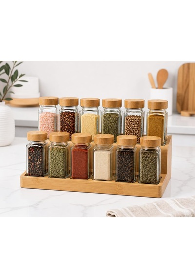 Bambu Kapaklı Cam Baharatlık Seti 12 Adet, Şeffaf Kare Baharat Kavanozu, Plastik Delikli İç Kapaklı Kontrollü Döküm Sistemi, 11x4x4 Cm Mutfak Düzenleyici Baharat Saklama Kabı Seti Çok Renkli