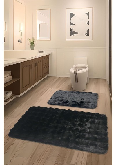 Bubble Tavşan Tüyü, Kaymaz Taban, Pofuduk, Ultra Lüks, Yıkanabilir 2'li Banyo Paspası Siyah Çok Renkli