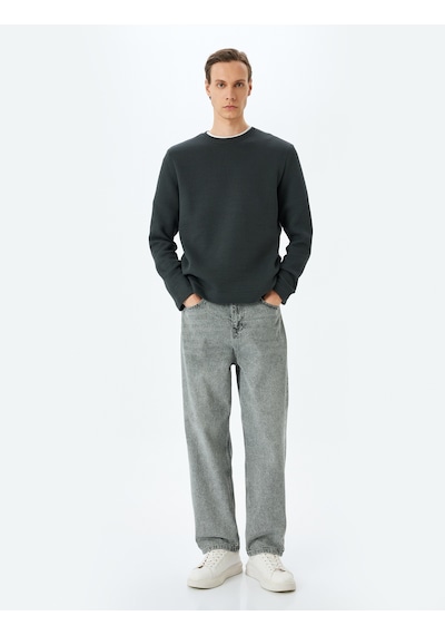 Koton Uzun Kollu Pamuk Karışımlı Dokulu Basic Bisiklet Yaka Sweatshirt Antrasit 5wam70257mk Antrasit
