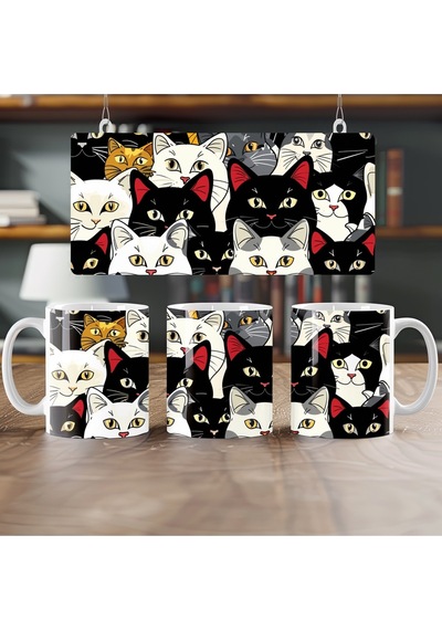Sevimli Kedi Figürleri İle Kupa Bardak Çoklu Full Kedi Tasarımları - Hediye Kupa Modelleri Beyaz