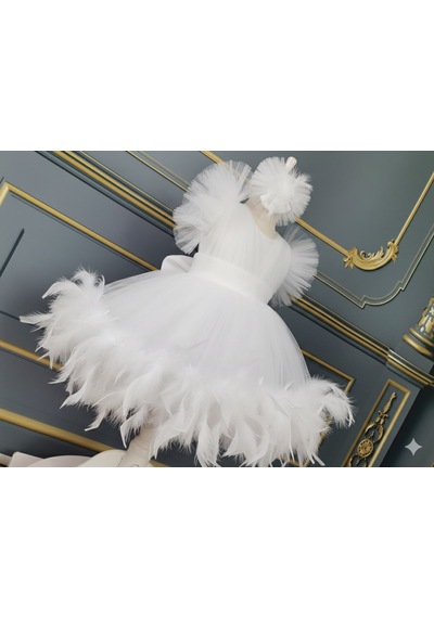 Star Kids Fashion Kız Çocuk Beyaz Otrişli Elbise,kız Çocuk Abiye Elbise