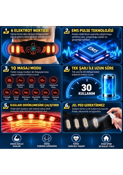 Ems Karın Kası Kemeri 30 Seviye 10 Mod Şarjlı Kas Stimülatörü 40 Cm Uzatma Aparatı