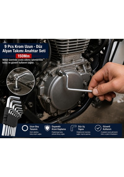9 Parça Krom Uzun Düz Alyan Anahtar Seti 150 Mm 2 10 Mm Dayanıklı Çelik Allen Anahtar Takımı