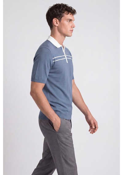 Sabri Özel Mavi Regular Fit Fermuarlı Polo Yaka Örme Triko T-shirt