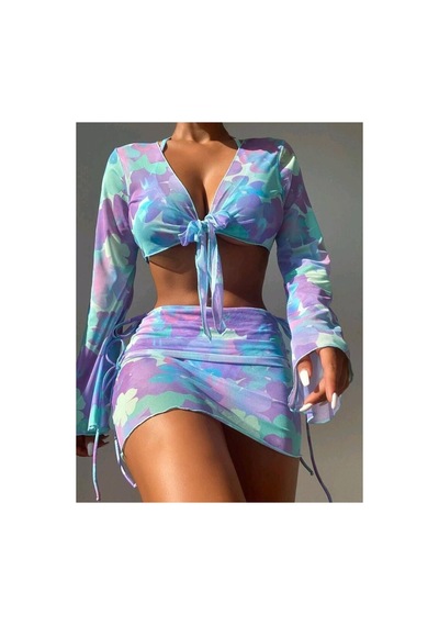 Gugus 4-lü Bikini Takımı / Üst Pareosu + Alt Etek Pareosu + Üst Bikini + Alt Bikini Lila Desenli Gugus 4-lü Bikini Takımı / Üst Pareosu + Alt Etek Pareosu + Üst Bikini + Alt Bikini Lila Desenli