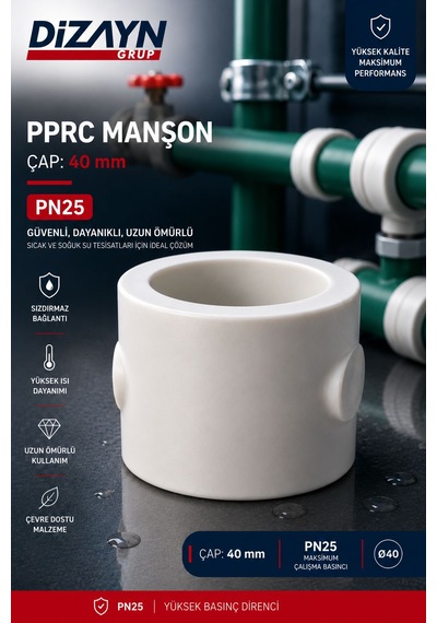 Dizayn Pprc Manşon 40 Mm 15 Adet Pn25 Temiz Su Tesisat Ek Parçası