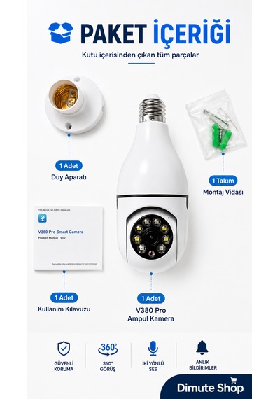 V380 Pro Ampul Kamera 360 Wifi Güvenlik Kamerası Gece Görüşlü Hareket Sensörlü