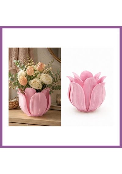 Bezos 3d Baskı Lotus Yapraklı Vazo - Dekoratif Çiçeklik-pembe Rengaren