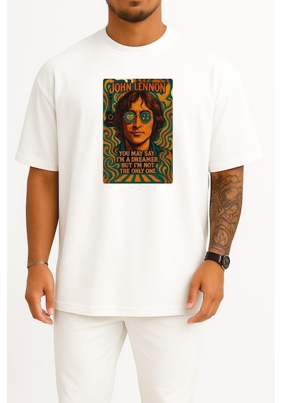 Bahriyeli Collection Oversize John Lennon You May Say İ M A Dreamer Göğüs Tasarımlı Unisex T-shirt Beyaz