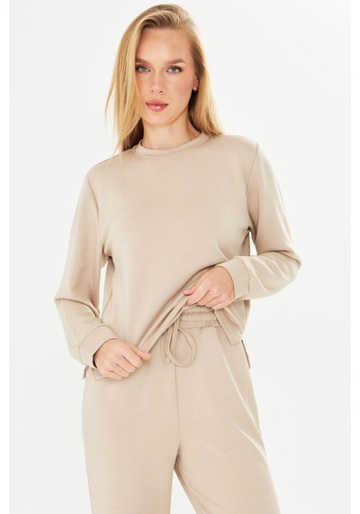 Trendhill Kadın Bej Bisiklet Yaka Rahat Kalıp Modal Kumaş Eşofman Takımı Bej8509