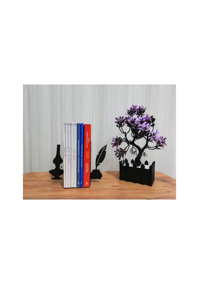 Dekoratif Divit Ve Gaz Lambası Desenli Metal Kitap Tutucu 2 Li Paket Mk15s
