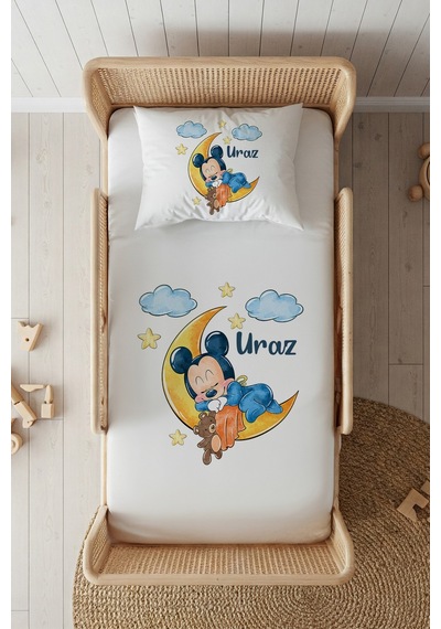 %100 Pamuk Saten İsme Özel İsimli 100x200 Tek Kişilik Lastikli Çarşaf Seti Bebek Mickey Beyaz