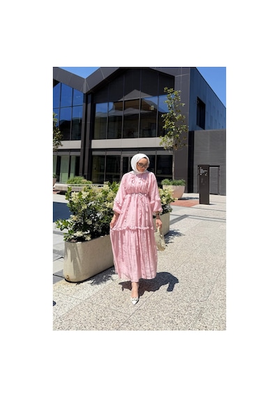 Riella Butik Perilla Fırfır Detaylı Tesettür Elbise Pembe